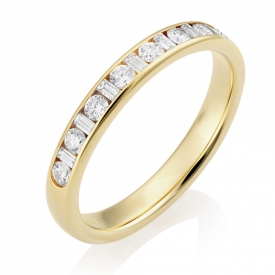 Round and Baguette Diamond Half Eternity Channel Set Ring in Yellow Gold with 0.40ct