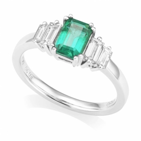 Art Deco Style Emerald and Baguette Diamond Ring in Platinum