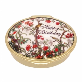 Halcyon Days Enamel Happy Birthday Box with Vintage style Chinoiserie illustration