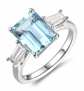 Emerald Cut Aquamarine and Diamond Ring in Platinum