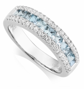 Aquamarine 0.60ct and Diamond 0.38ct Half Eternity Ring in 18ct White Gold