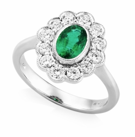 Vintage Style Oval Emerald and Diamond Ring in 18ct White Gold